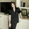 Women's satin pajama set with long sleeves, folded collar