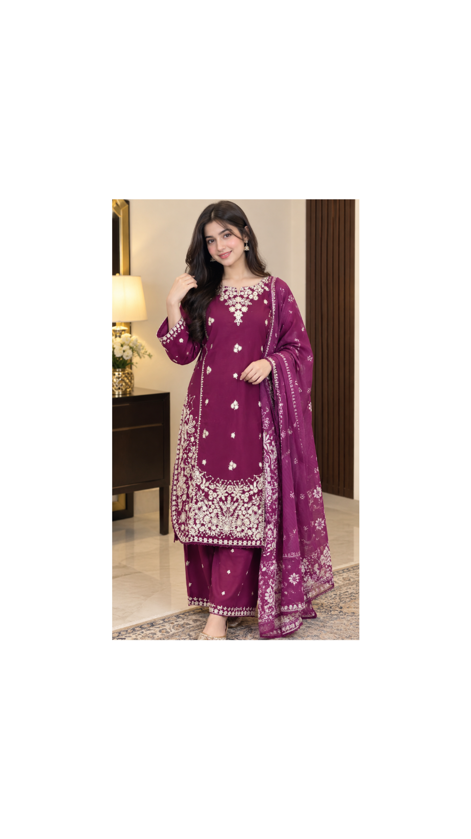 Elegant Embroidered 3-Piece Suit – Plum