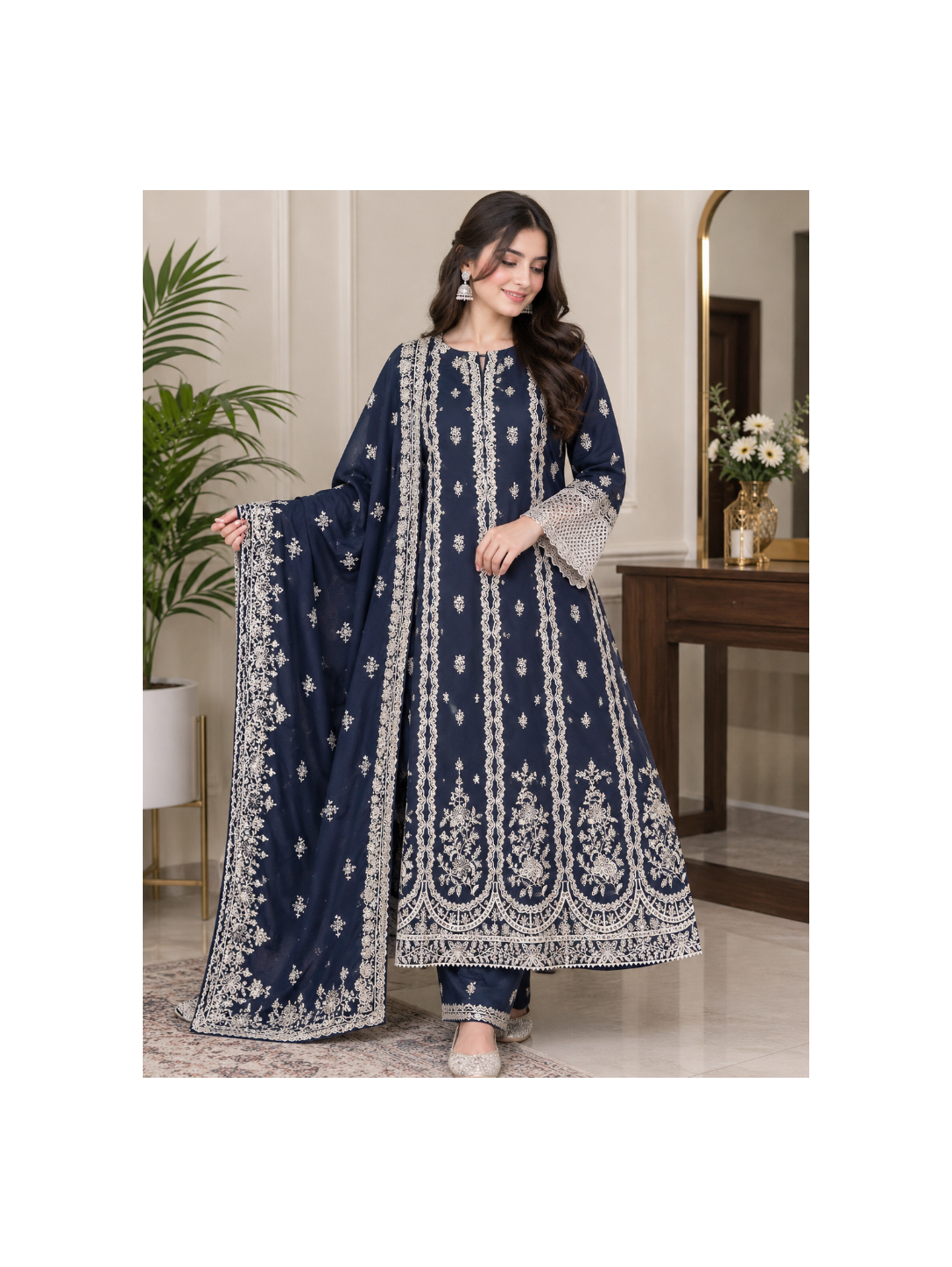 Elegant Navy Blue Embroidered 3-Piece Suit 💙