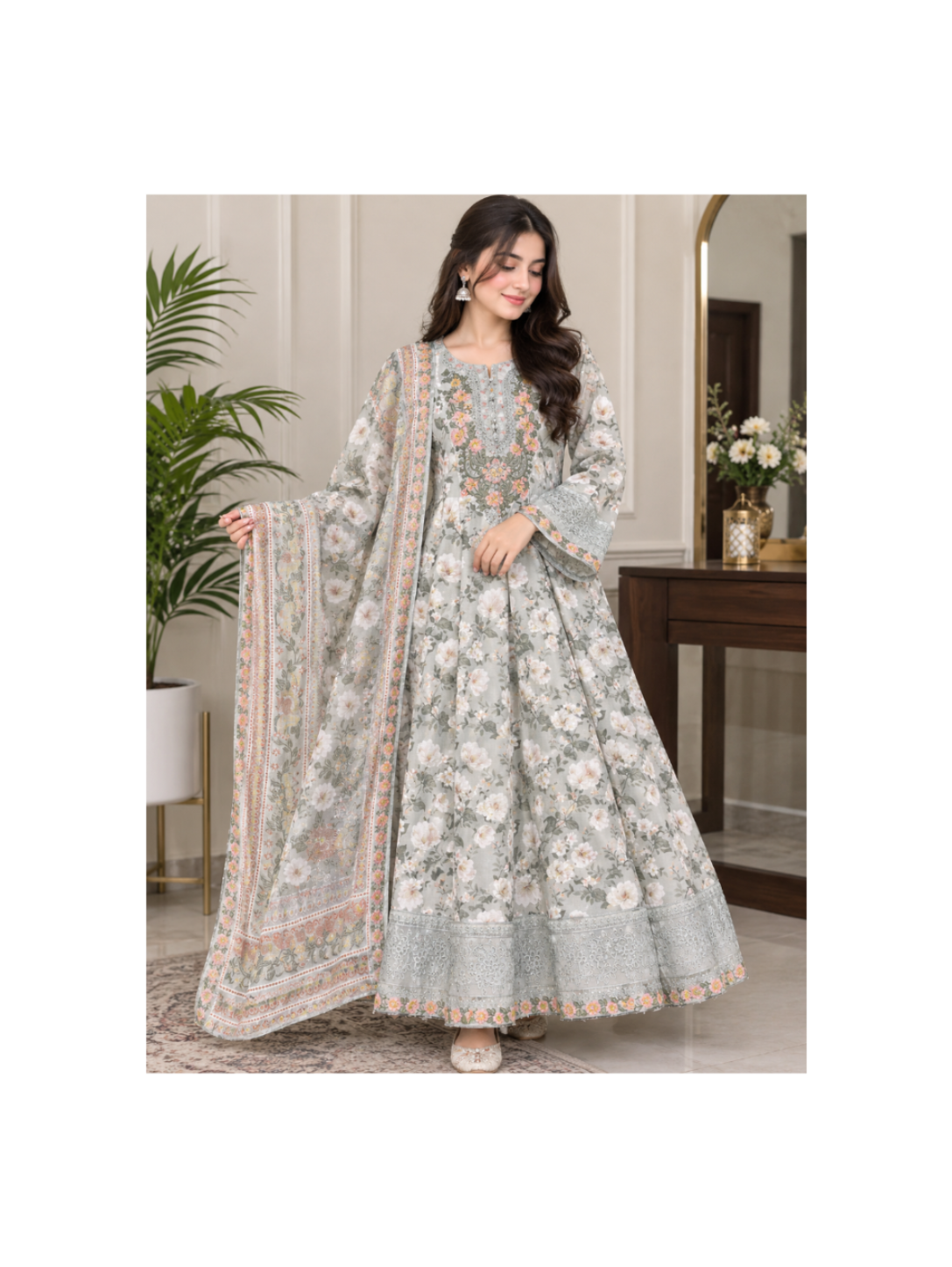Elegant Grey Floral Embroidered Maxi Dress with Dupatta 🌸