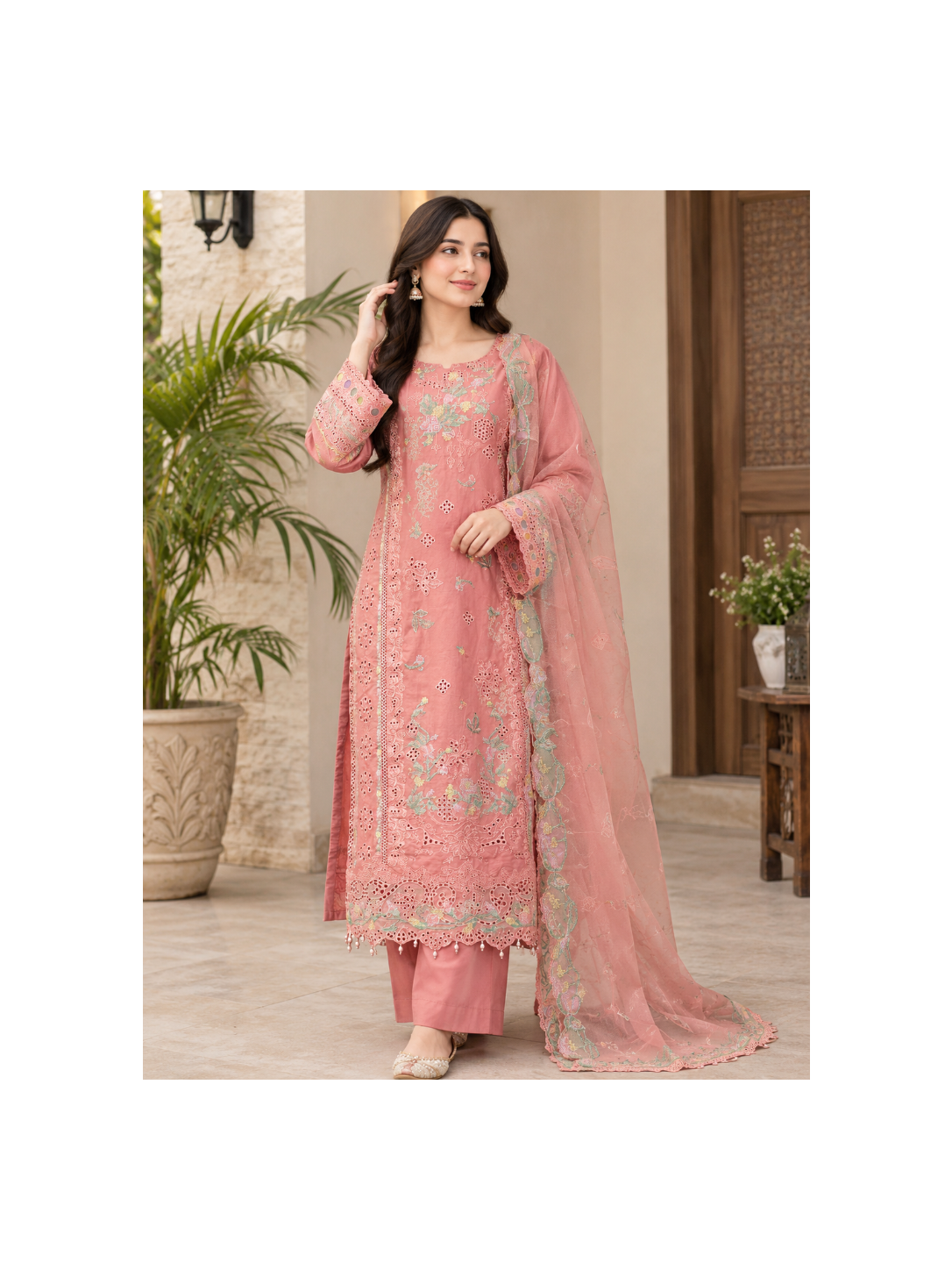 Dusty Pink Floral Embroidered Chikankari 3-Piece Suit