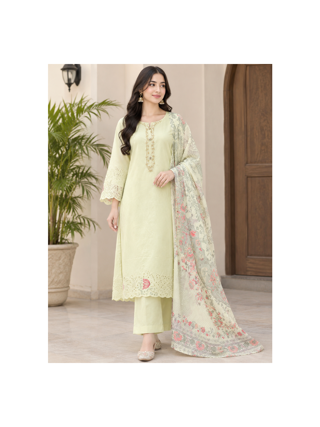 Elegant Pastel Lime Green Embroidered 3-Piece Lawn Suit