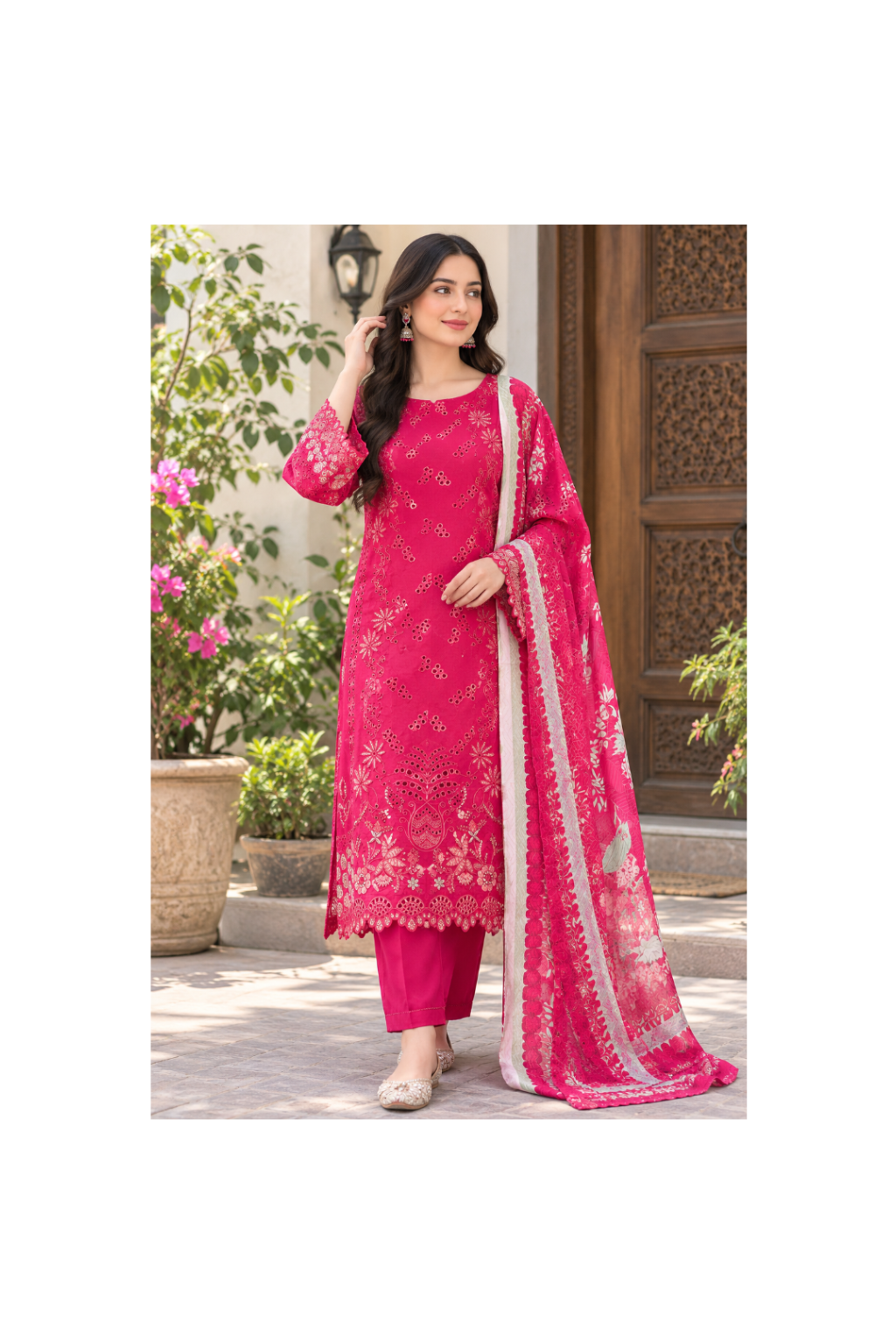 Vibrant Magenta Embroidered Chikankari 3-Piece Suit