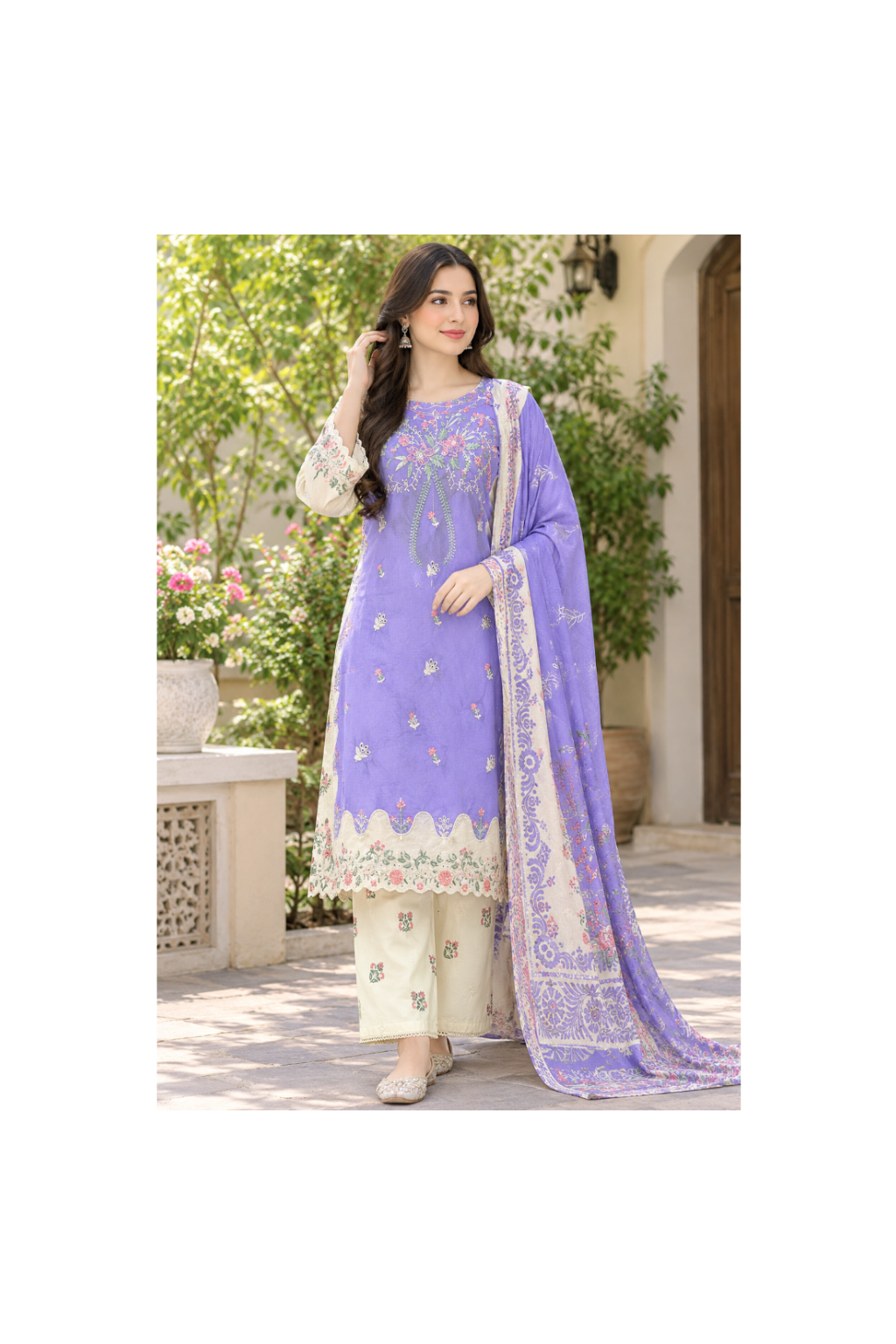 Trendy Lavender Floral Embroidered Short-Length 3-Piece Lawn Suit
