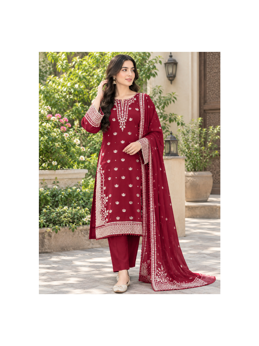 Royal Maroon Heavy Embroidered 3-Piece Suit