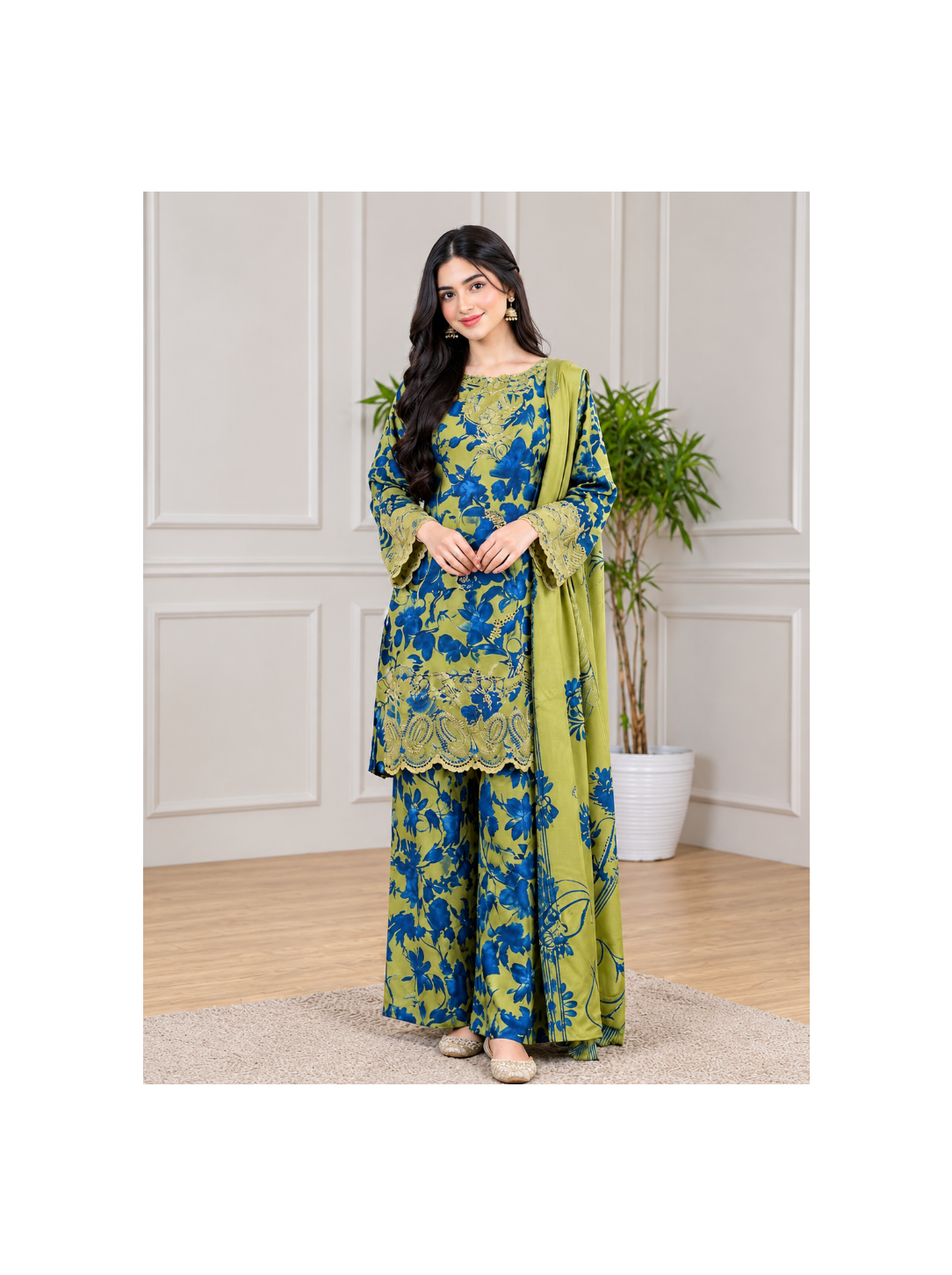 live Blue Floral Printed Embroidered 3-Piece Suit